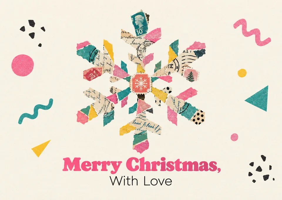 A tender Christmas card for family, friends or anyone on your list, with a snowflake made from old letters and stamps. Spare, quiet and elegant, it suits a heartfelt seasonal note.