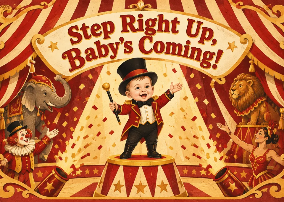 Eine epische Babyshower-Einladung mit Zirkusthema. Feiere den bevorstehenden Nachwuchs mit einem überschwänglichen, festlichen Design, das Eindruck macht.