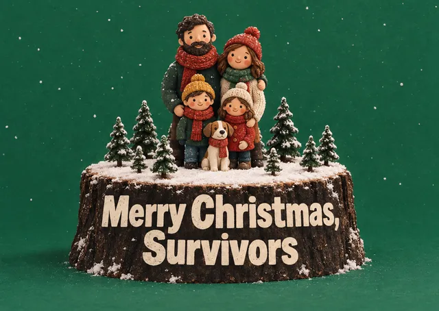A magical and witty Christmas card for a family to send to friends, featuring a charming, custom-made clay miniature scene.