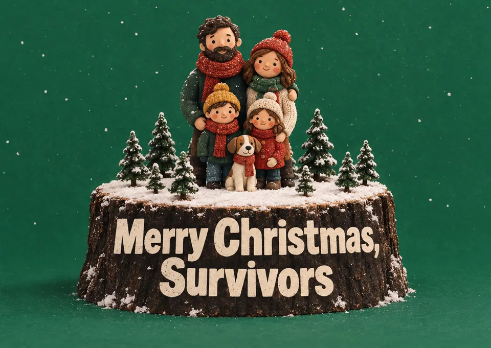 A magical and witty Christmas card for a family to send to friends, featuring a charming, custom-made clay miniature scene.