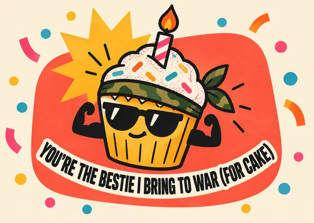 A loud, funny birthday card for a best friend, starring a buff cupcake ready to go to war for cake.