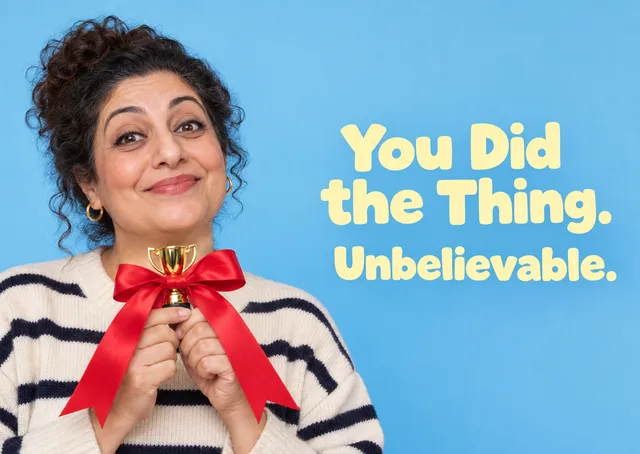 A funny congratulations card for someone you know well who finally pulled off something big. It is affectionate and absurd, with a proud grin and a trophy far too small for the ribbon.