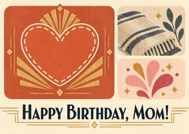 A sweet, cozy birthday card for mom, with a warm heart and gentle colors from a kid's birthday celebration.