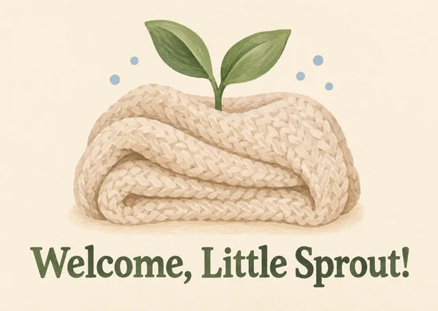 Una tarjeta dulce de baby shower de parte de un niño o una niña, con un brote acogedor y suaves detalles de lluvia. Resulta cálida, acogedora y pensada para celebrar a un pequeño que llega.