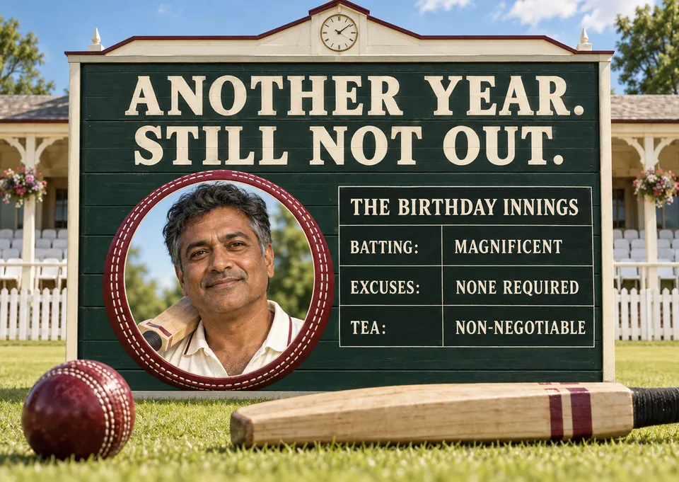 Una tarjeta de cumpleaños divertida para un amigo adulto que nunca baja el ritmo. Un llamativo estilo de marcador y un chiste pícaro de cricket la hacen una buena opción para alguien que sigue en plena forma.