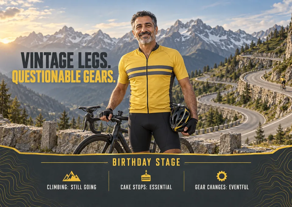 Una tarjeta de cumpleaños divertida para un amigo fanático del ciclismo, con un ciclista orgulloso, una bicicleta de carretera y una frase pícara y festiva. Ideal para ciclistas que aman reír.
