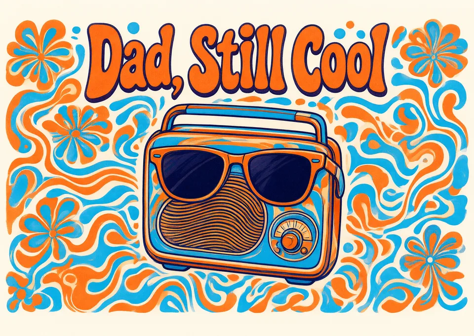 Una tarjeta del Día del Padre con mucho estilo para tu papá. Incluye una radio retro y un mensaje cálido y esperanzador de que sigue teniendo lo suyo.