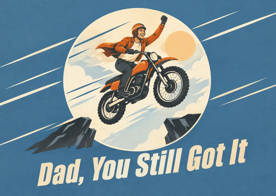 A bold Father's Day card from a sister or brother, celebrating dad with a daring motorbike jump between cliffs.