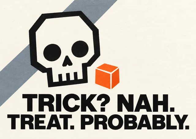 A dry, funny Halloween card for a kid or teenager, with a simple skull and a candy treat that's spooky, not scary.