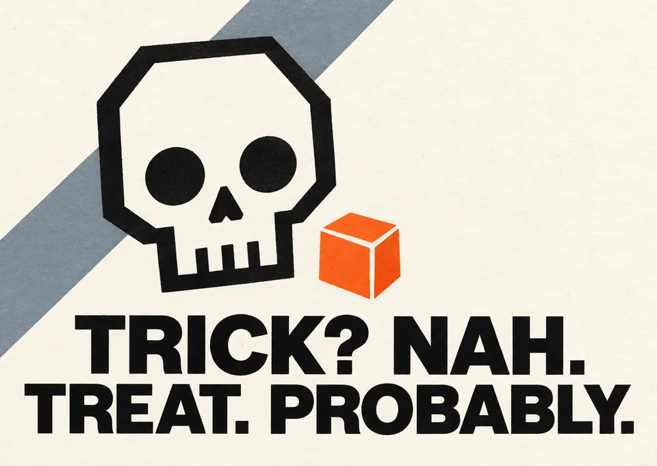 A dry, funny Halloween card for a kid or teenager, with a simple skull and a candy treat that's spooky, not scary.