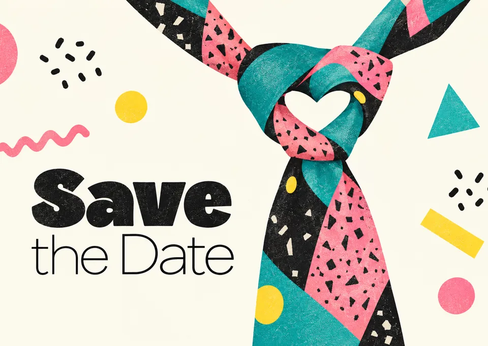A dry, deadpan save-the-date announcement for wedding guests who appreciate understated wit. This design features a clever necktie knot with a hidden heart.