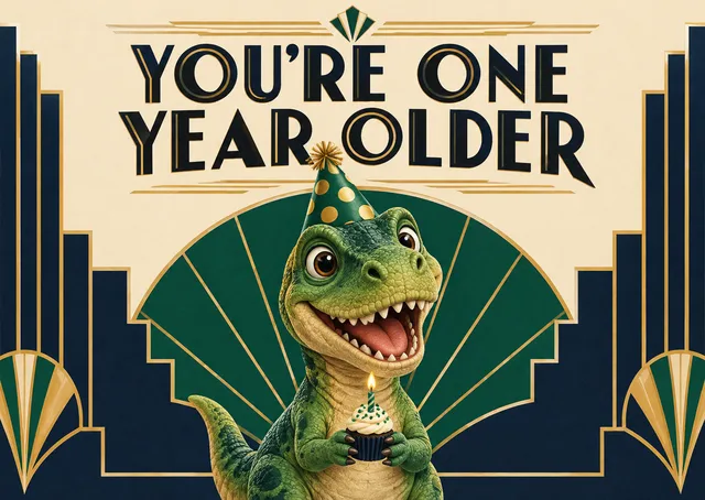Una tarjeta de cumpleaños divertida y dulce para quien tenga sentido del humor. Este encantador dinosaurio hace que cumplir otro año sea una celebración divertida.