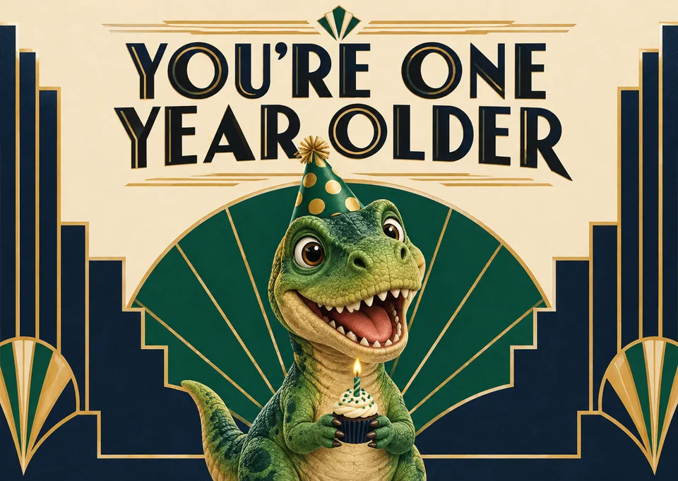 A playful and sweet birthday card for anyone with a sense of humor. This charming dinosaur makes turning another year older feel like a fun celebration.