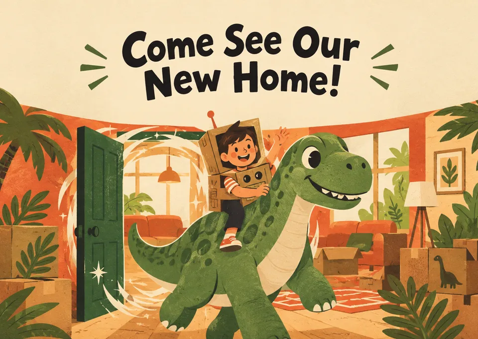 A whimsical housewarming invitation for a child to send, with a friendly dinosaur and a cardboard time machine welcoming guests to a new home.