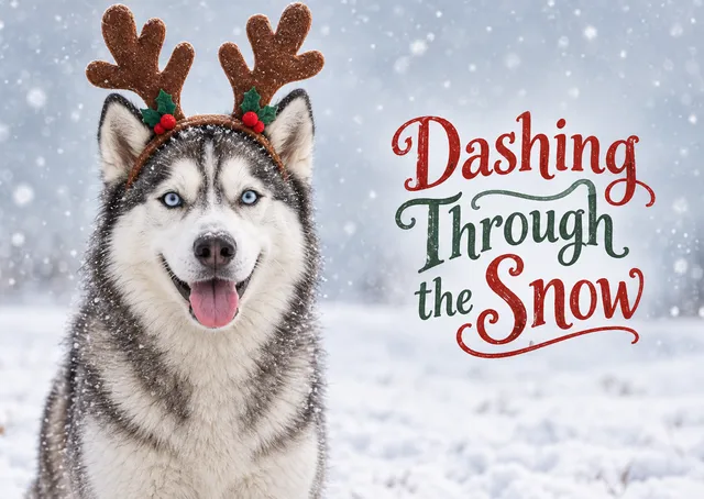A festive dog Christmas card for dog lovers and pet owners, with a husky in felt reindeer antlers racing through falling snow.