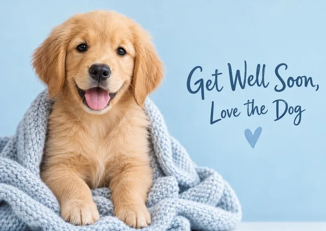 A caring dog get well card for a friend or family member, with a sweet golden retriever puppy wrapped in a soft blanket. It sends warm wishes and a gentle hug.