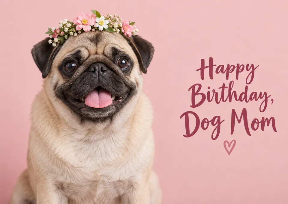 A funny and sweet birthday card for a dog mom, with a pug in a flower crown wishing her the best day. Send it from your own dog.