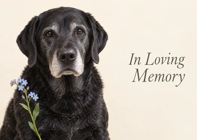 A gentle sympathy card for anyone who has lost a much-loved dog, with a calm picture of an old black labrador and a sprig of forget-me-nots.