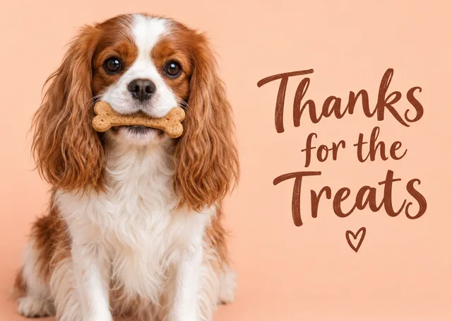 A thank you card for dog sitters, walkers and kind neighbours, with a spaniel sharing a biscuit and a warm thanks for the treats.