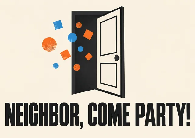 A friendly birthday party invitation for a neighbor, with an open door and a burst of confetti welcoming them in.