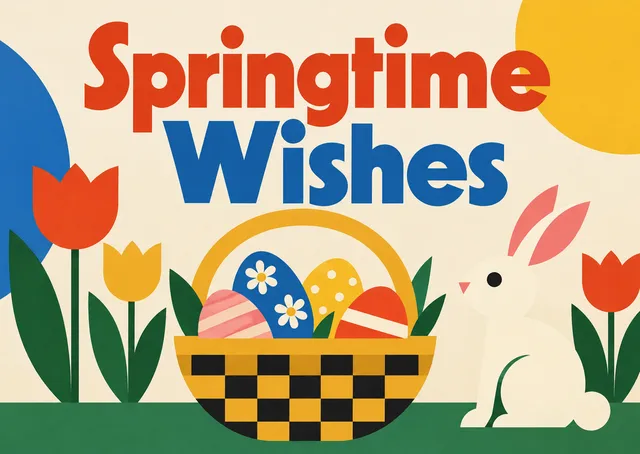 A charming and cheerful Easter card for family and friends, featuring a classic basket overflowing with patterned eggs to share the joy of the season.