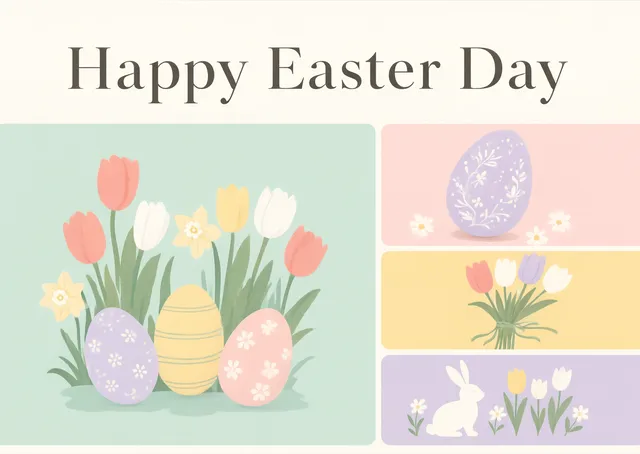 A bright and cheerful Easter card for anyone, featuring a lovely garden scene with eggs and tulips. Perfect for sending warm spring wishes.