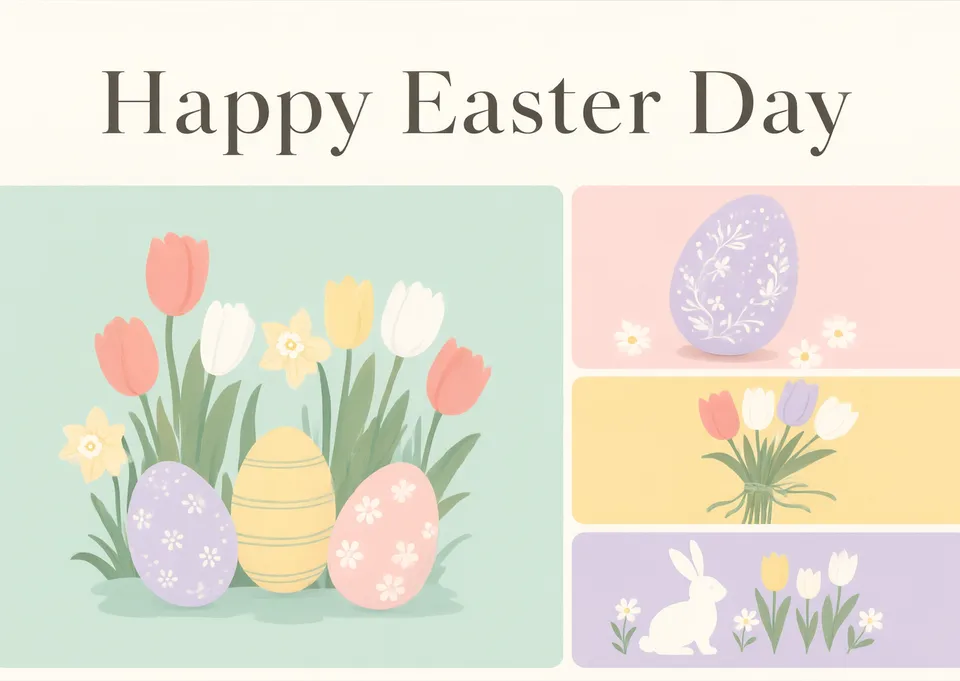 Eine helle, fröhliche Osterkarte mit einer hübschen Gartenszene, Eiern und Tulpen. Für herzliche Frühlingsgrüße an jeden lieben Menschen.