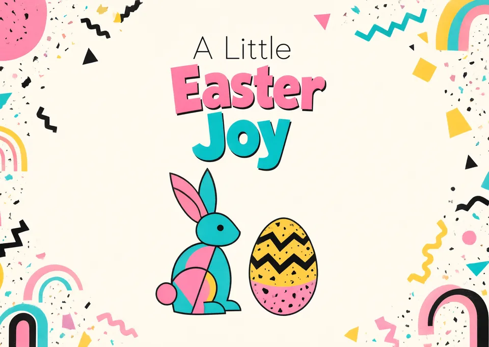 A hopeful Easter card for anyone, featuring bold Memphis-inspired shapes and playful cut-outs. Perfect for sending warm wishes.
