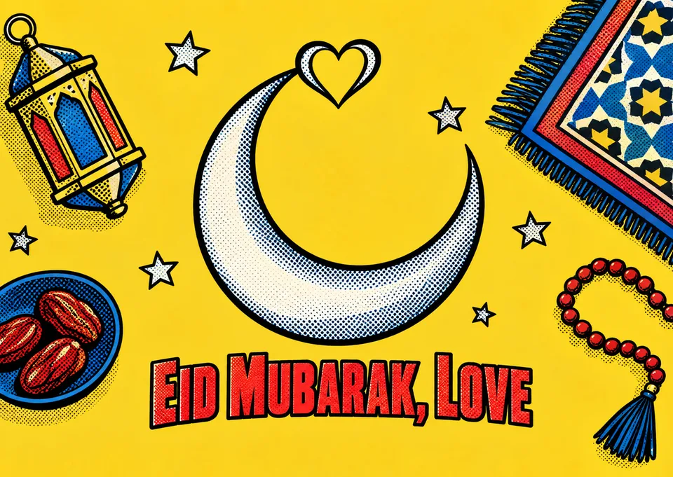 Eine romantische, verspielte Eid-Karte für deinen Partner. Ein clever gestalteter Mond rollt sich zu einem Herzen – um das Fest mit einem besonderen Menschen zu feiern.