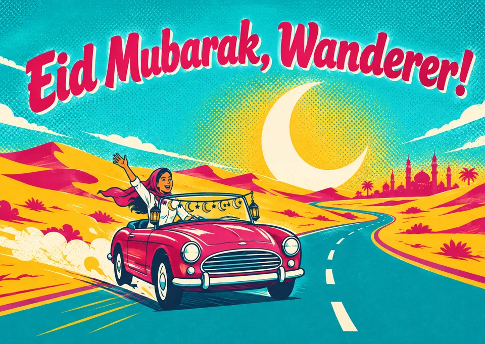 A bold, fun Eid card for a friend who loves adventure, with a triumphant road trip racing toward the celebration under a crescent moon.