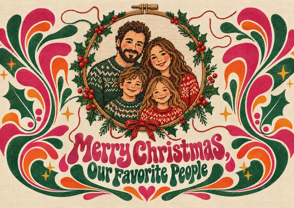 A magical, personalized Christmas card for families to share with loved ones, featuring your family as a hand-stitched portrait inside a festive wreath.