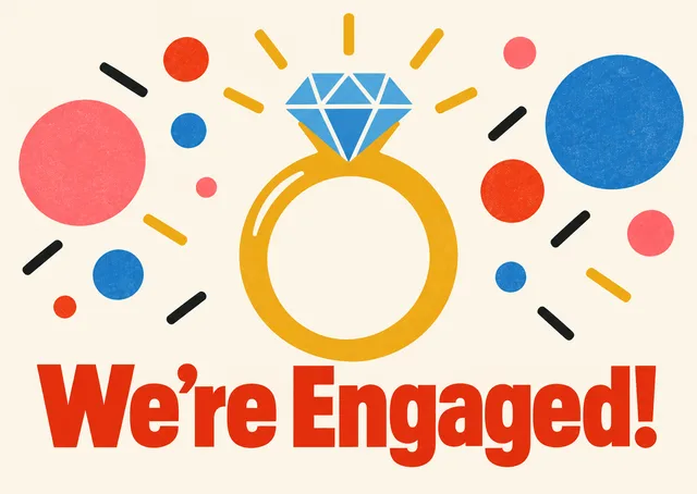 A big, bright engagement announcement for a coworker. Celebrate the exciting news with a bold ring and happy confetti energy.