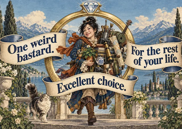 A funny engagement card for a partner who is wonderfully odd and totally yours. It celebrates their quirks with an affectionate, cheeky message for the happy couple.