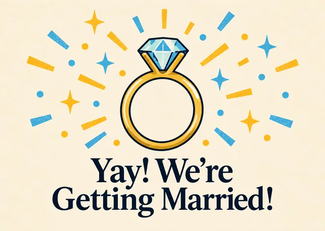 A cheerful engagement announcement card for anyone celebrating a happy new chapter. Playful ring energy and a big “yay!” feeling make it easy to share the news.