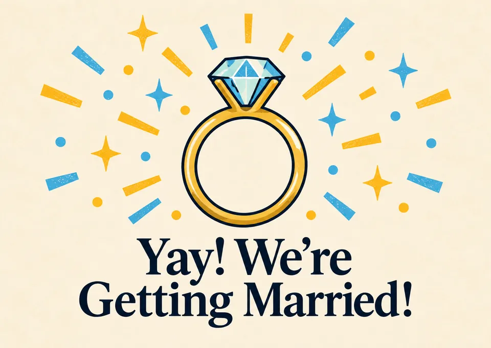 A cheerful engagement announcement card for anyone celebrating a happy new chapter. Playful ring energy and a big “yay!” feeling make it easy to share the news.