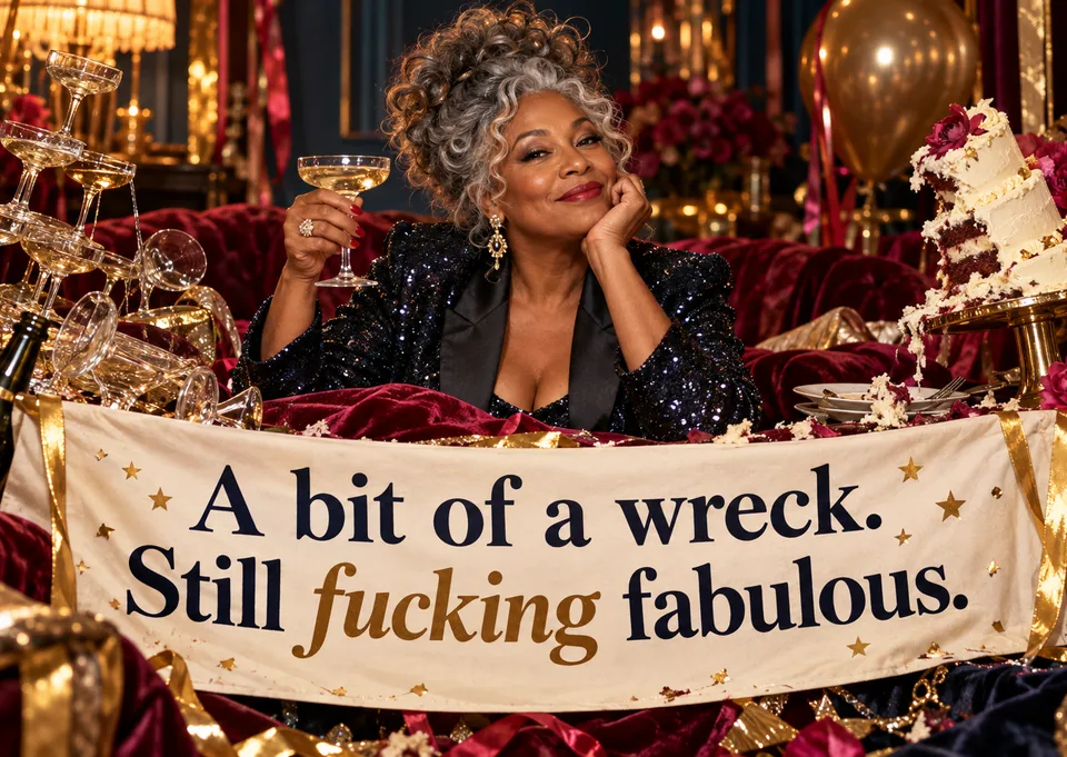 A cheeky birthday card for a glamorous adult friend after a wild party. Bold, funny and warm, it says they may be a wreck but they are still fabulous.