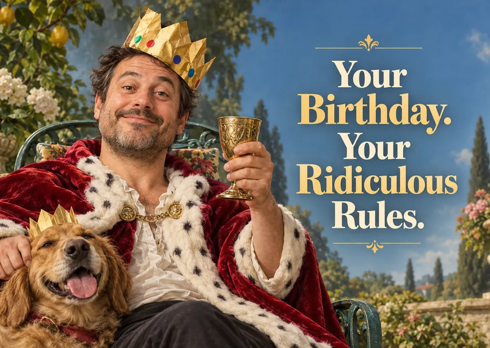Eine witzige Geburtstagskarte für jemanden, den du gut kennst. Eine royale Porträtparodie setzt sein Gesicht auf einen Thron. Liebevoll, absurd und für einen großen Lacher gemacht.