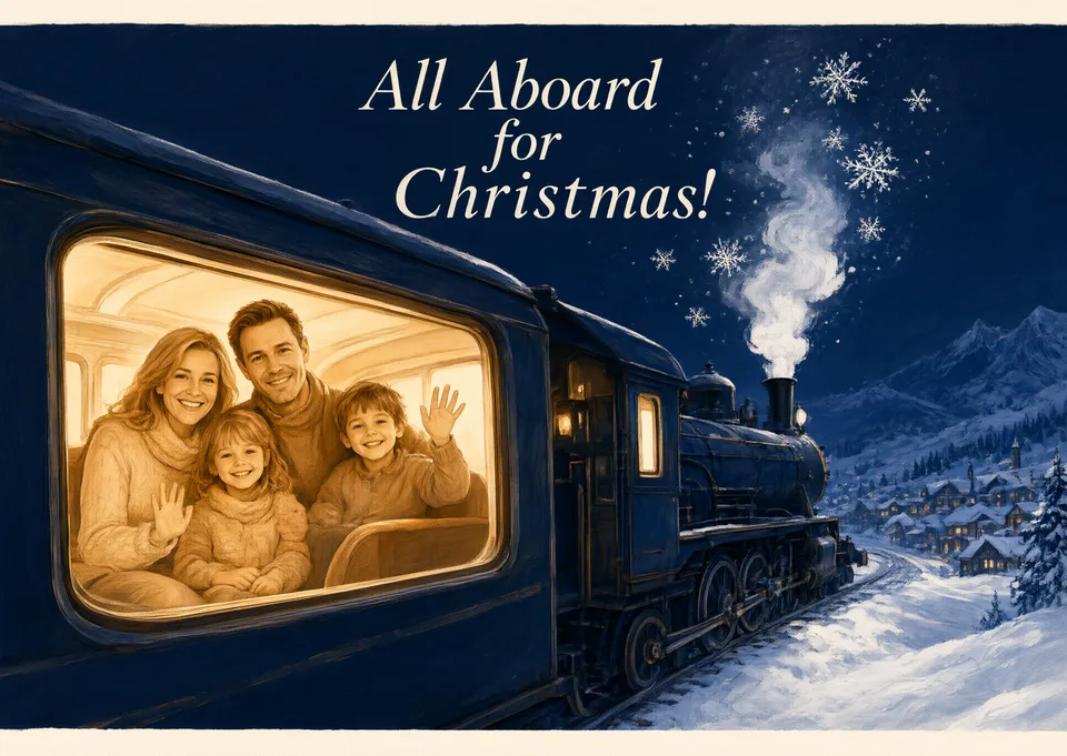 A magical Christmas card from a family to their friends and loved ones, with a night train full of warm light and swirling snow. It feels cosy, playful and a little extraordinary.