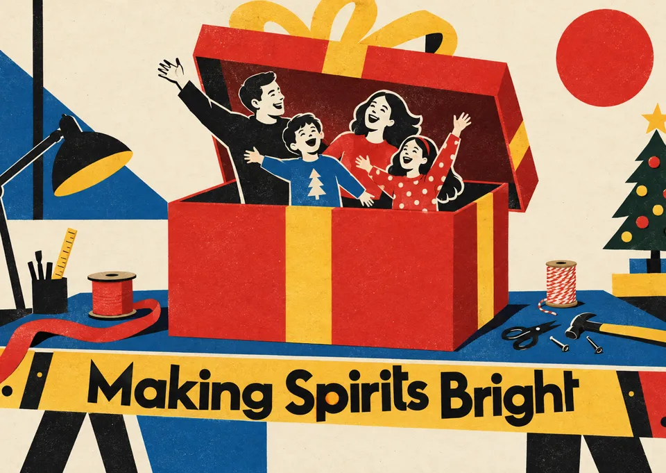 A magical and witty Christmas card for a family to send to their loved ones, featuring them as the ultimate gift.
