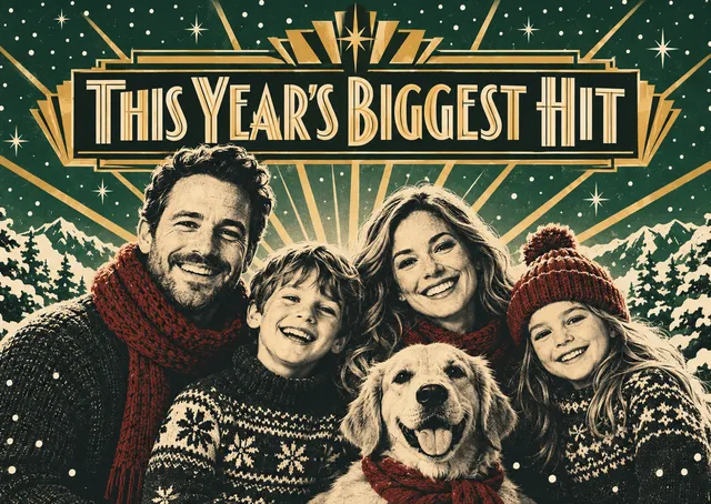 A magical and witty Christmas card for a family to send to friends, featuring their own faces as the stars of a festive holiday blockbuster.