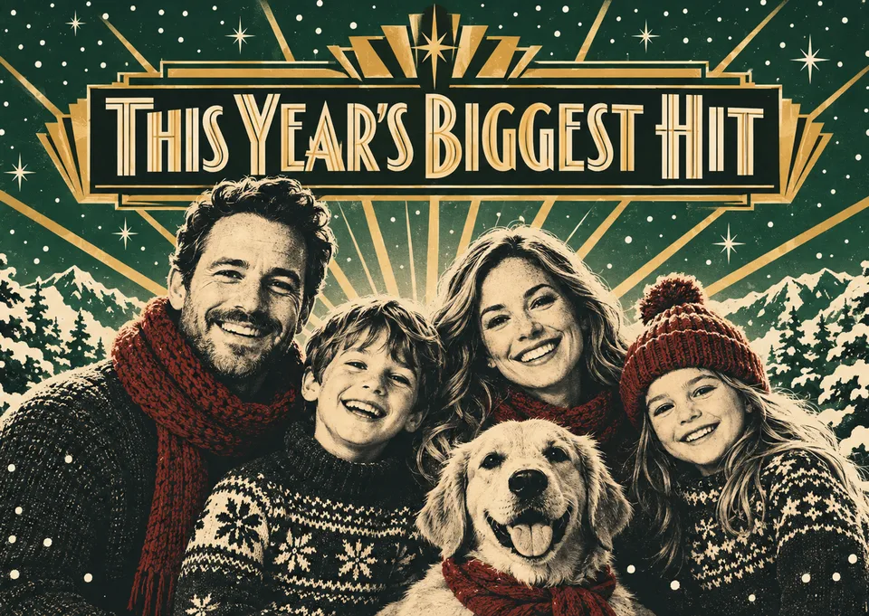 A magical and witty Christmas card for a family to send to friends, featuring their own faces as the stars of a festive holiday blockbuster.