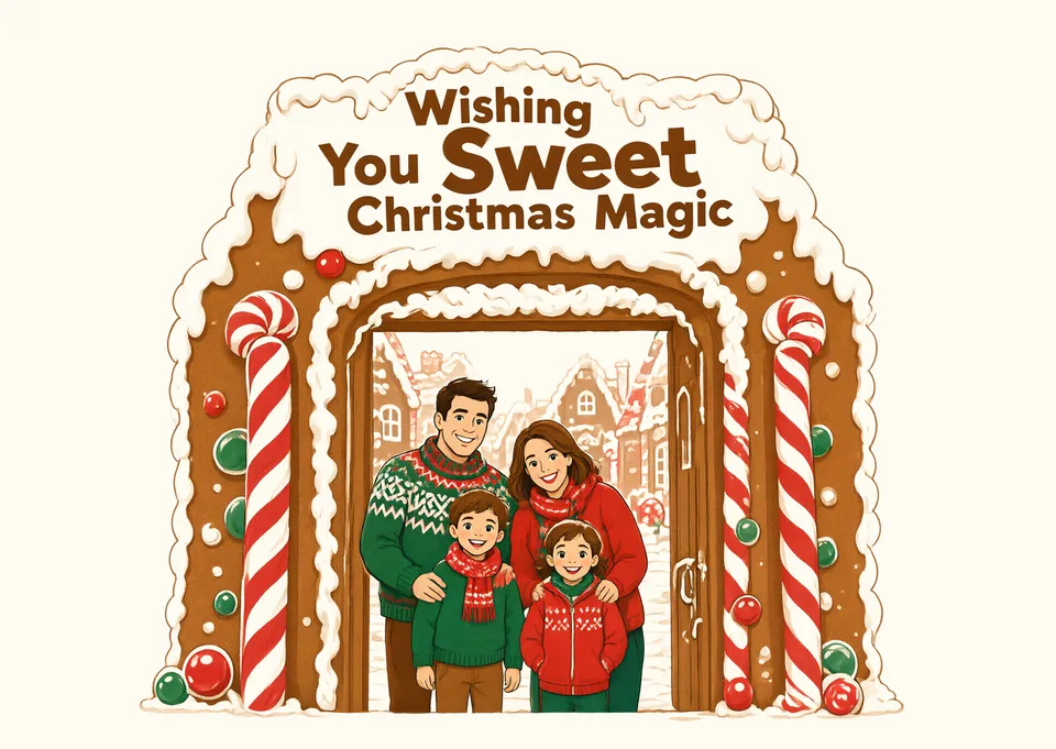 A magical Christmas card from a whole family to all their friends and loved ones, with everyone standing in a giant gingerbread doorway. It feels warm, playful and a little extraordinary.