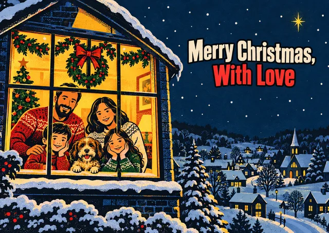 A magical and warm Christmas card for a family to send to friends and loved ones, featuring a glowing cottage window as the heart of a quiet winter village.