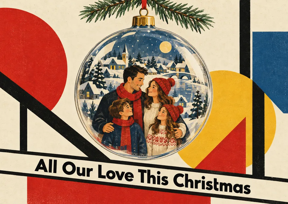 A magical, warm Christmas card for a family to send to all their friends and loved ones, featuring a custom portrait inside a festive glass ornament.