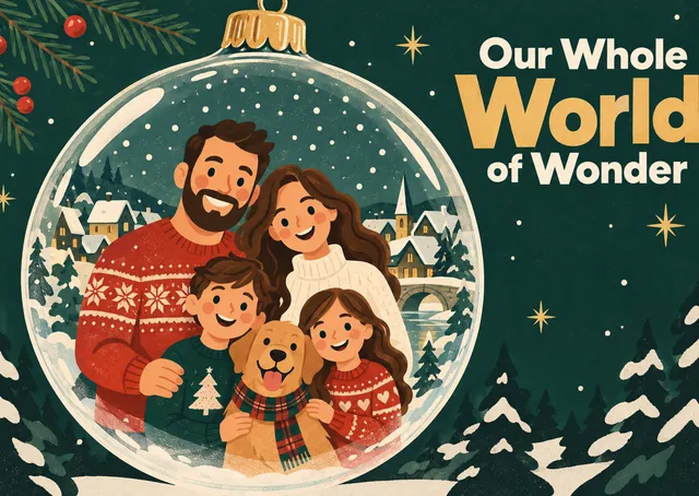 A magical and witty Christmas card for a family to send to friends and loved ones, featuring their own faces captured inside a giant holiday ornament.