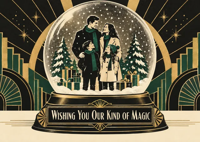 A magical and witty Christmas card for a family to send to friends and loved ones, featuring them inside a giant snow globe.