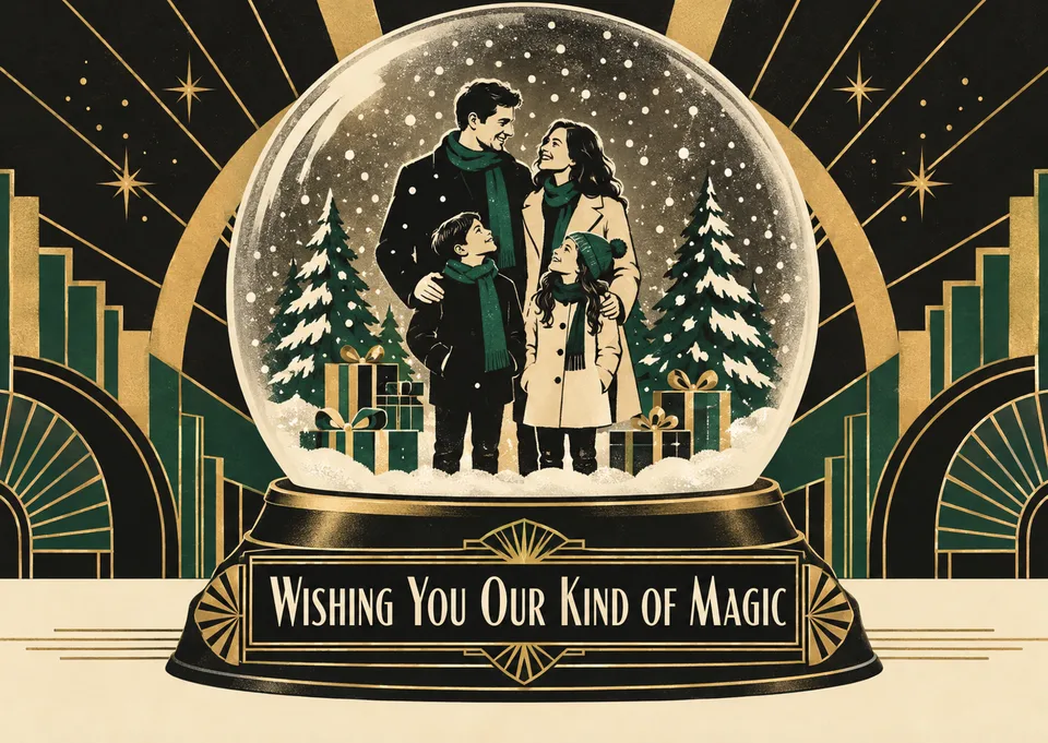 A magical and witty Christmas card for a family to send to friends and loved ones, featuring them inside a giant snow globe.