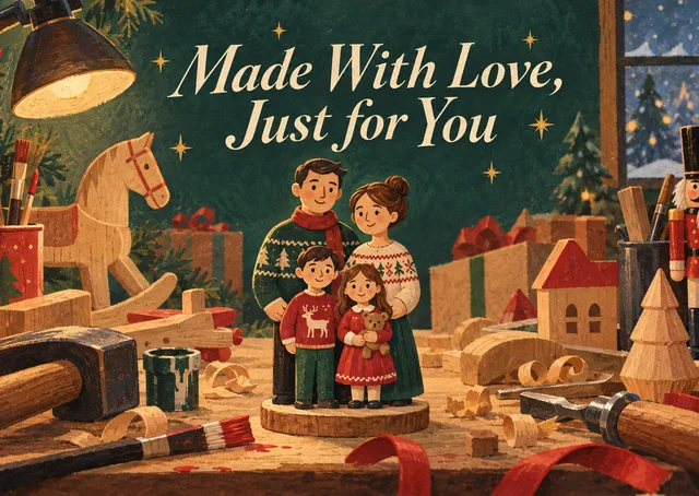 A magical, extraordinary Christmas card for a family to send to friends, featuring them as the finest toys in a whimsical workshop.