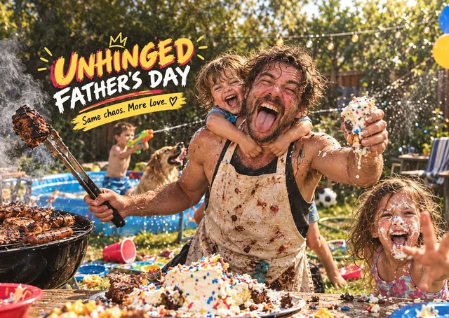 A funny Father's Day card for dad or a grandad who loves a messy barbecue. Shows a cheerful family moment in the garden, with cake, water spray and a big hug.