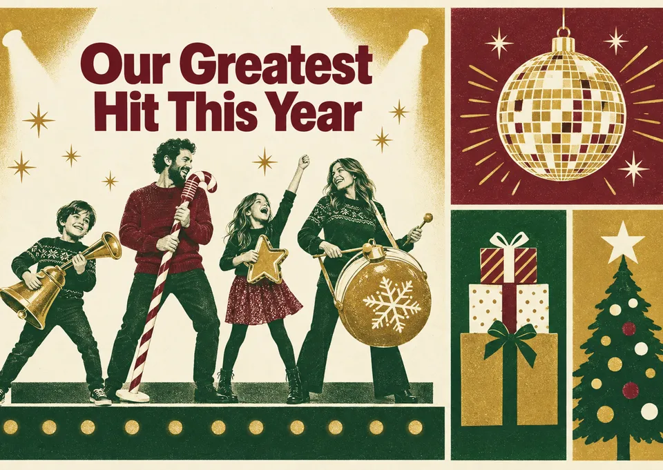 A magical and witty Christmas card for a family to send to friends, featuring them as a star-studded festive band ready for their greatest hit.